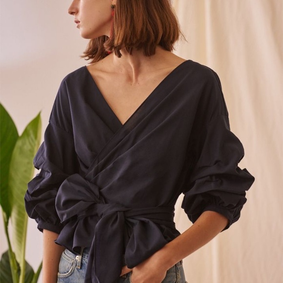 Farrow Tops - Farrow Navy Puff Sleeve Wrap Top "jayne"